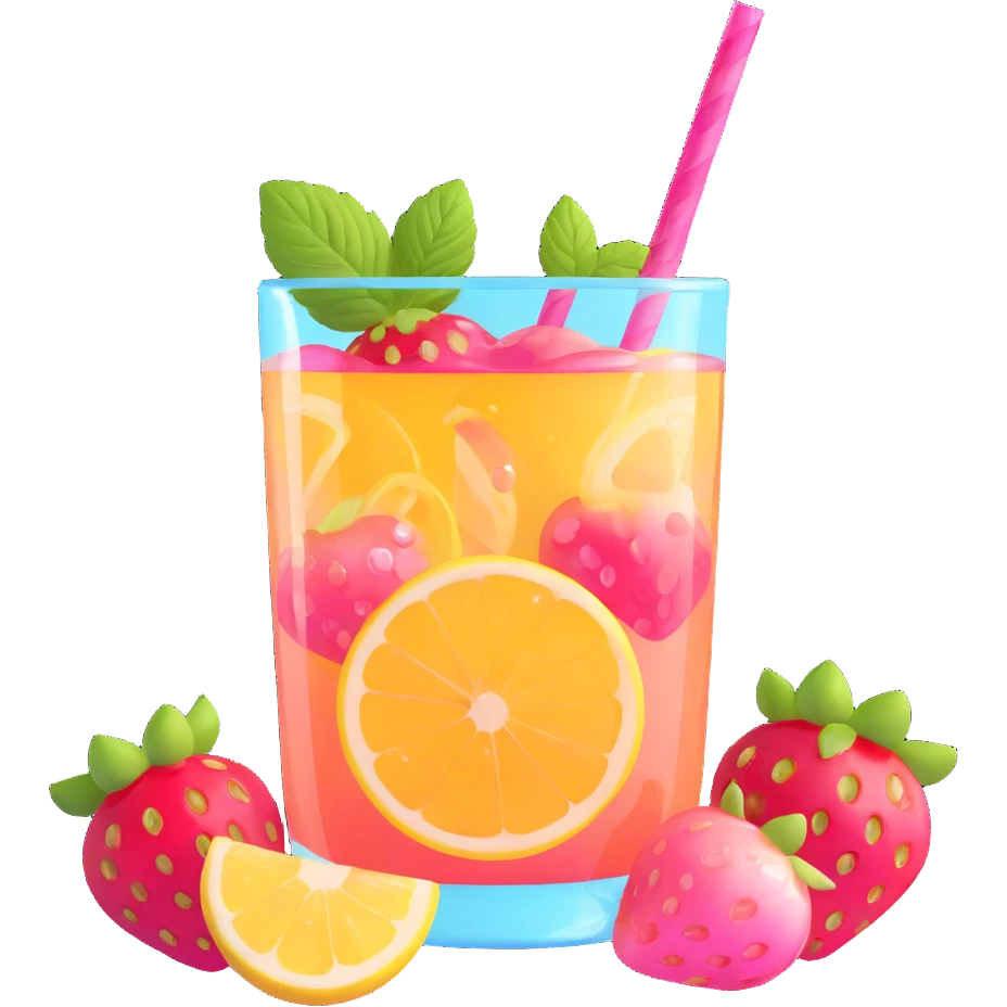 playful memoji-style glass of strawberry lemonade with transparent body, pink sparkling liquid, strawberry slices, bubbles, happy face, mint sprig, lemon slice, striped straw, summery vibrant emoji