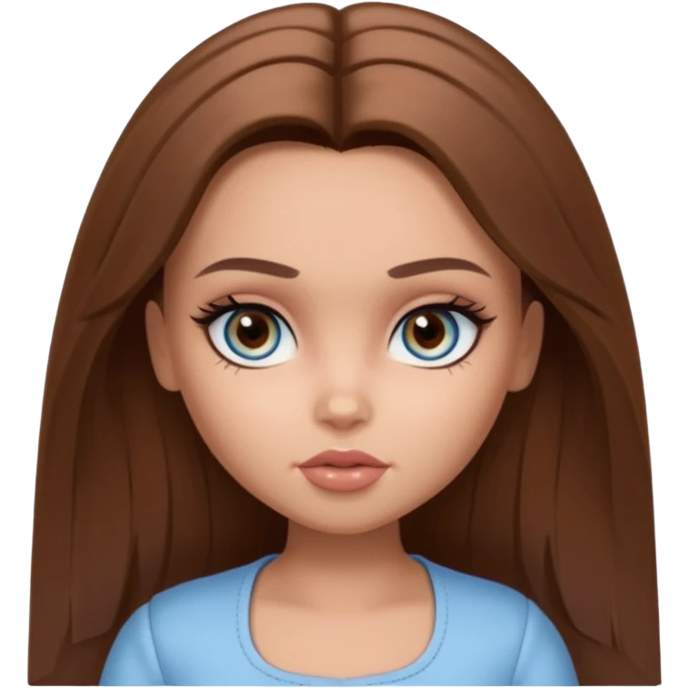 Pretty Bratz doll baddie, straight brown mid lenght hair, pale-tanned skin, natural makeup, light blue-grey eyes emoji