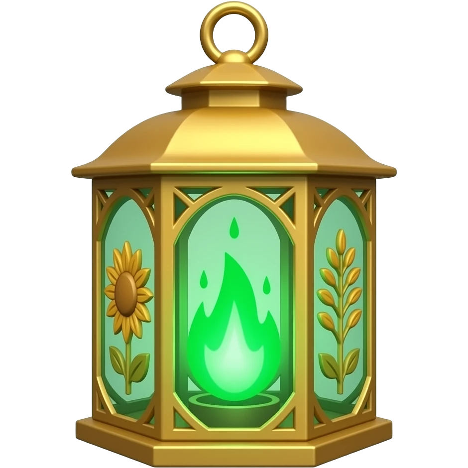 A golden hanging lantern with a bright emerald green flames, an empty loop on top, fae filigree themed sunflowers on the left and asphodels on the right as part of the design, but simple focus more on the green flames, paint the glass more green emoji