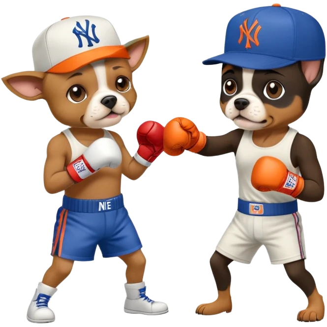 Yorkie wearing a New York Yankees hat boxing a Brown Boston terrier wearing a New York Mets hat  emoji