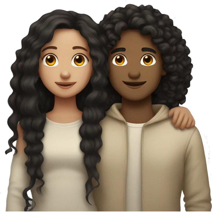 Girl with straight, long, black hair, cuddling with a light skin boy that has curly and brown hair  emoji