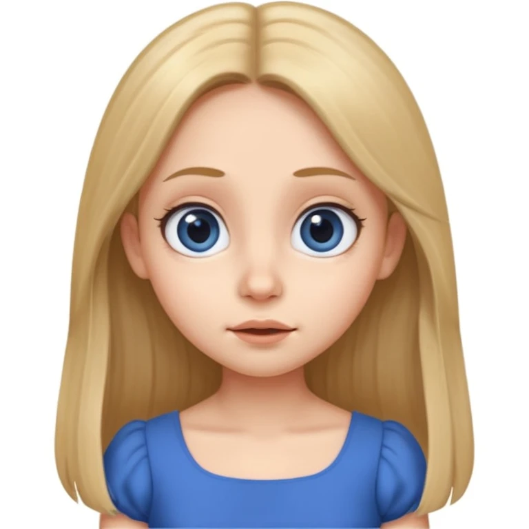 Cute female character, rounded face, big eyes, small nose, expressive mouth, long straight hair, blue dress emoji