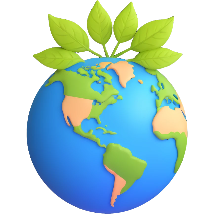 A single green leaf resting gently on top of a vibrant, round Earth globe. The focus is on the leaf and the globe with a simple background and soft natural lighting emoji