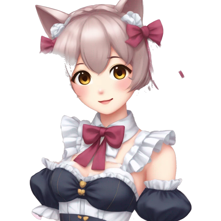 Gorgeous anime style catgirl with blushing face with maid outfit bow tie idol model kawaiicore pearly petite simplistic aesthetic trending style emoji