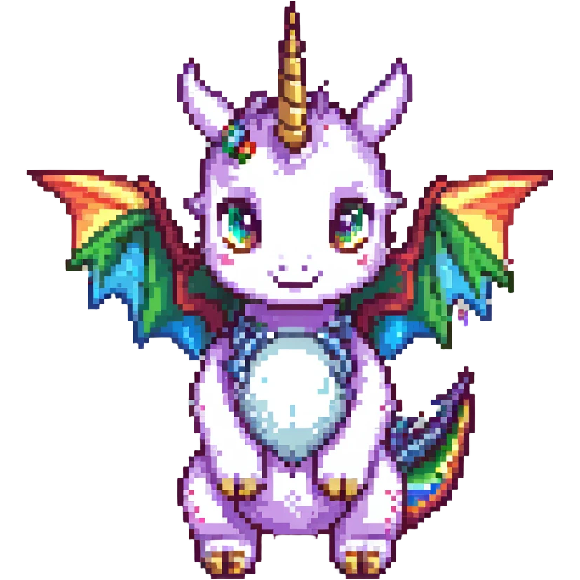 cute dragon with big eyes, rainbow wings, and unicorn horn, simple background emoji