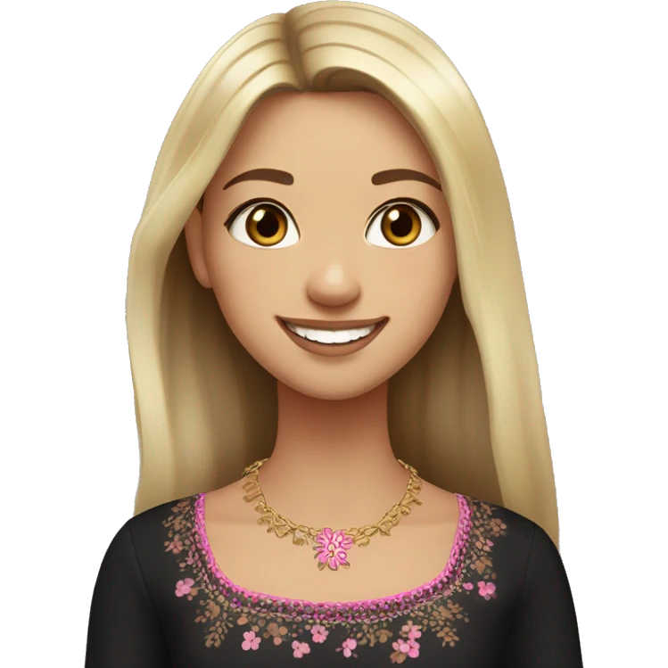 Slavic girl, light skin, brown eyes, black-to-blonde ombre straight tail, smiling with teeth, wearing beautiful dark blouse with a folk pattern of small pink flowers and gold necklace. emoji