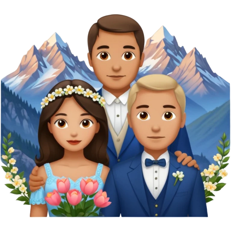 Couple traveling in Montenegro russian man and elegant  Latina girl delicate flowers and mountains in the background  emoji