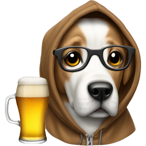 Dog with a hoodie, a beer and glasses emoji