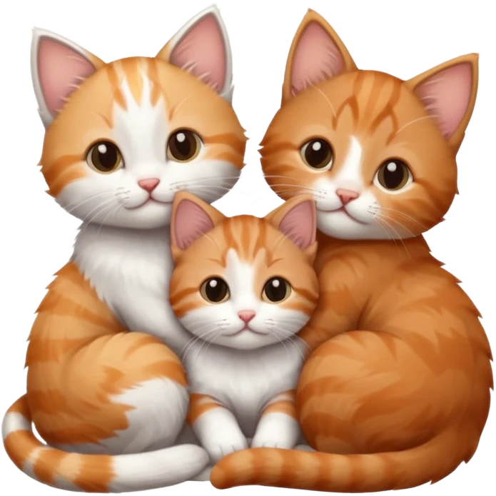 3 tiny kittens cuddling together all different colours, the first one is grey and white, the second is ginger and white and the third is brown tabby and white emoji