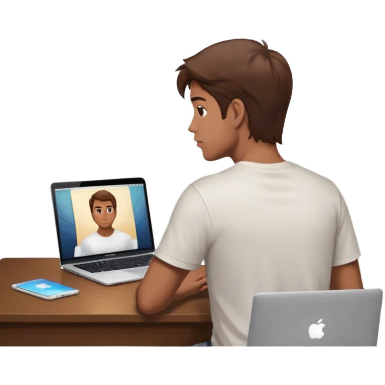 A man seen from behind, with detailed, well-lit hair. He is sitting in front of an open MacBook on a desk. On the MacBook screen, the Instagram logo is clearly visible and glowing.  emoji
