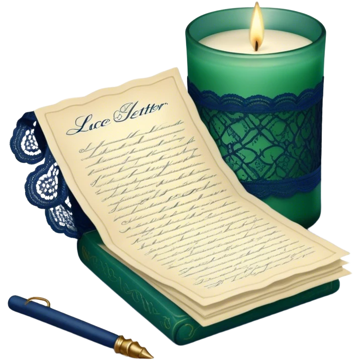 A nostalgic still life of a lace-adorned love letter in deep green, placed beside a vintage glass candle in navy blue. emoji