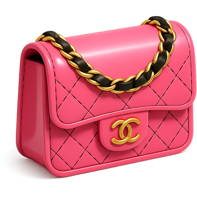 a pink Chanel purse, glossy and dramatic emoji