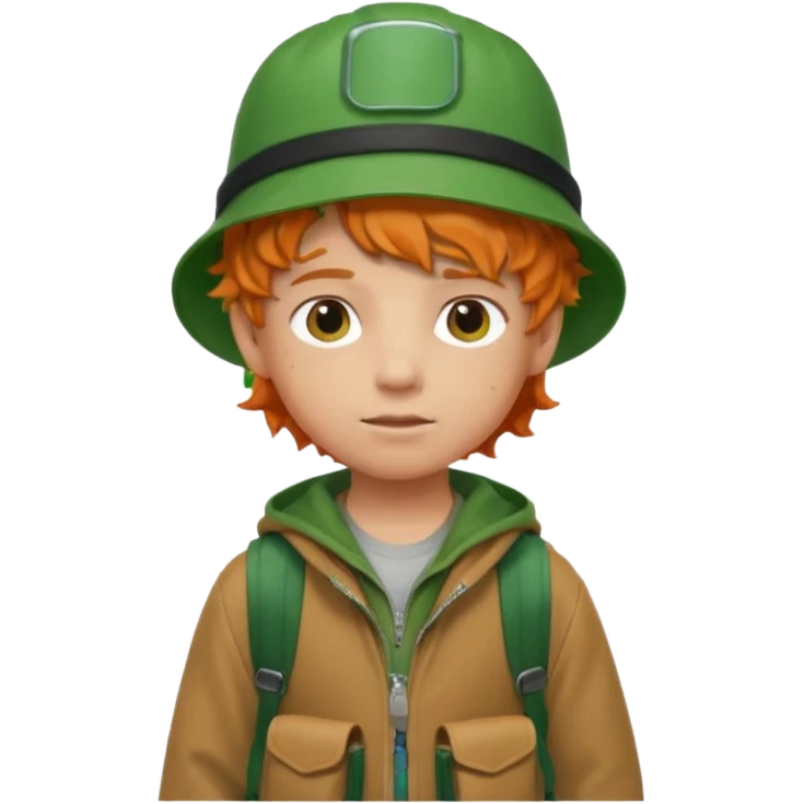 A little boy student curly orange hair, with green bucket hat, brown jacket, backpack emoji