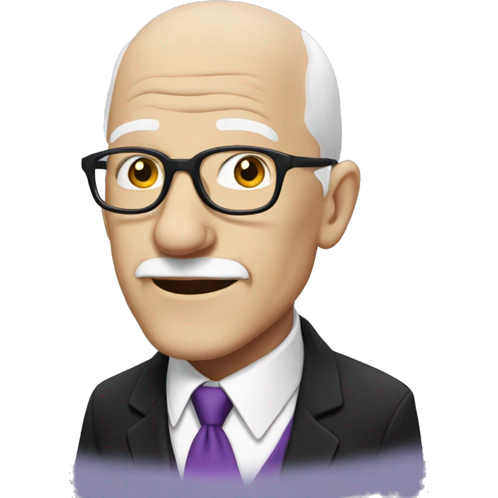 white, bald old man wearing a black suit with a purple tie and glasses,  emoji
