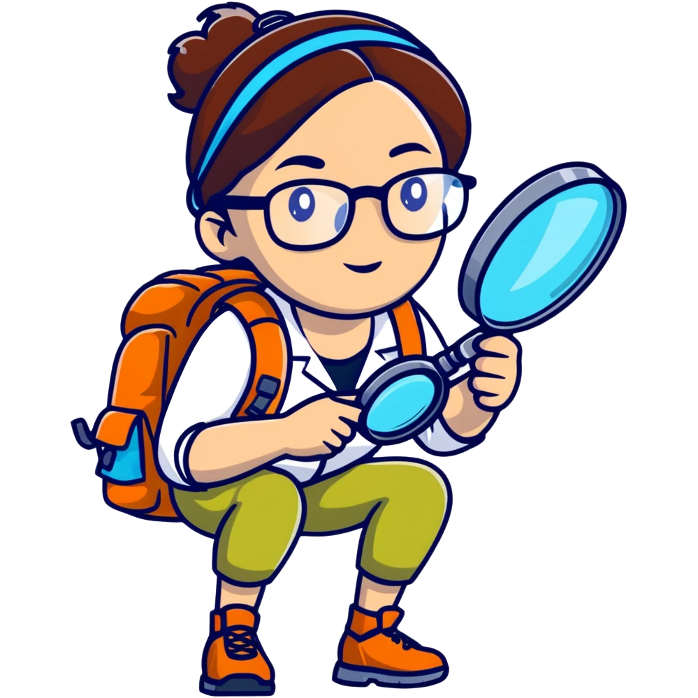 Adventurous woman scientist in her late 30s, glasses, vibrant hiking gear, examining with one magnifying glass, bold colorful style emoji