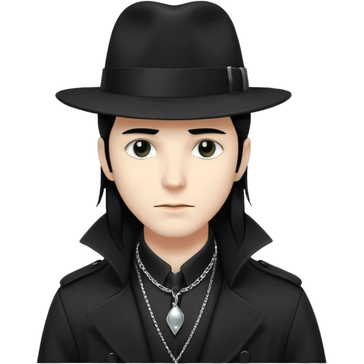 Male Goth with Fedora
 Sleek long hair, white skin, black trench coat, silver necklace visible under coat emoji