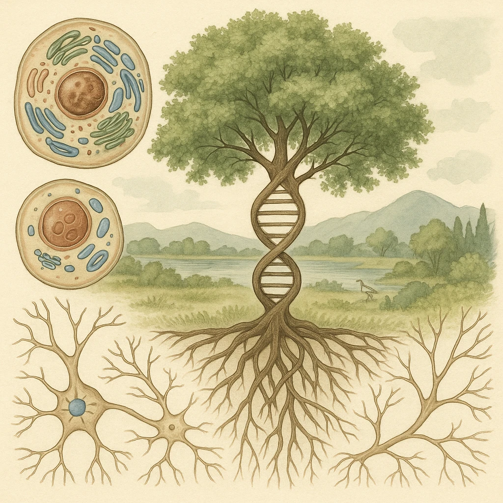 A realistic biological illustration showing: DNA strands transitioning into a tree, cells with visible organelles, neurons connected to plant roots  and a balanced ecosystem background . Seamless integration, no labels or borders. Scientific color scheme, detailed but minimalist. emoji