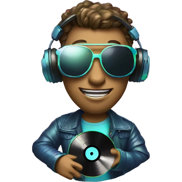 A dj wearing sunglasses playing music holding a cd record record, vinyl, oilslick holographic emoji