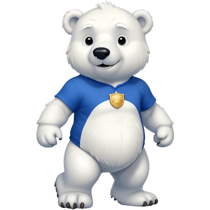 muscular friendly anthropomorphised polar bear walking confidently, wearing a royal blue t-shirt, proud expression emoji