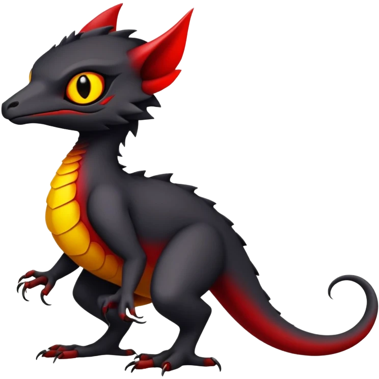 a black exotic edgy vernid-fionbri-Fakémon-creature, with red belly and yellow eyes, full body emoji