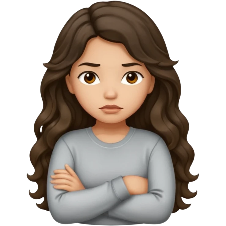 Hispanic light tan girl with long dark wavy hair with arms folded and pouting slightly. Wearing a long sleeve. emoji