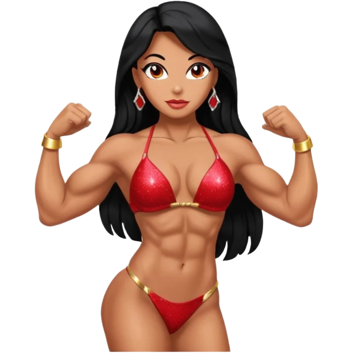 Bodybuilder woman with sparkly red bikini and long black hair in a bodybuilding side pose emoji