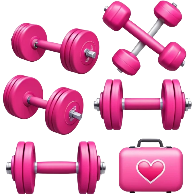 Generate modern, minimalistic pink icons for a women's gym promotion. Include dumbbells, a treadmill, yoga, a heart for wellness, a water bottle, and a stopwatch. Use shades of pink for a stylish, empowering look emoji
