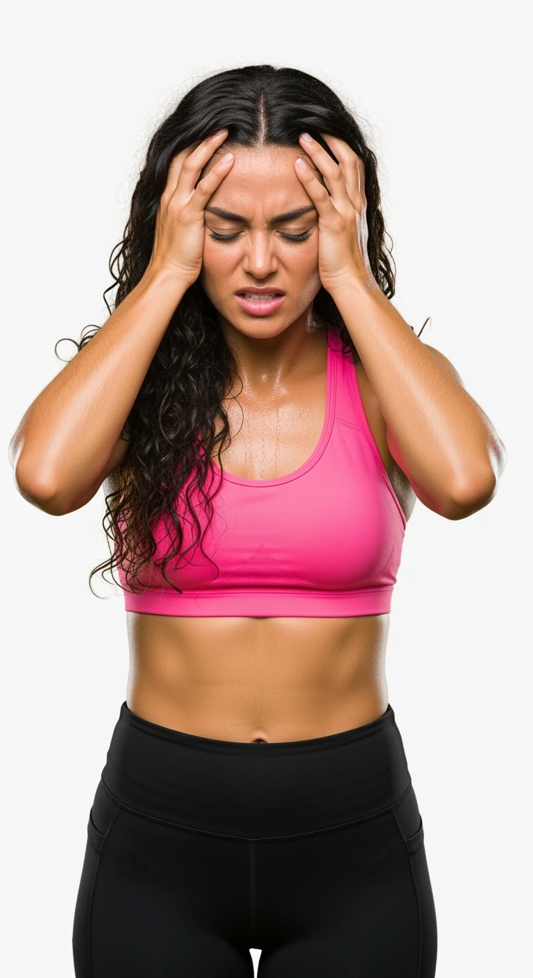 DONNA FITNESS STRESSATA CHE SI TIENE LE MANI SULLA FRONTE, IPERREALISTICA 4K, ISOLATA SU SFONDO BIANCO emoji