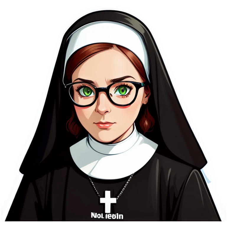 A beautiful nun with Auburn hair, green eyes wearing  glasses . Captions saying no. emoji
