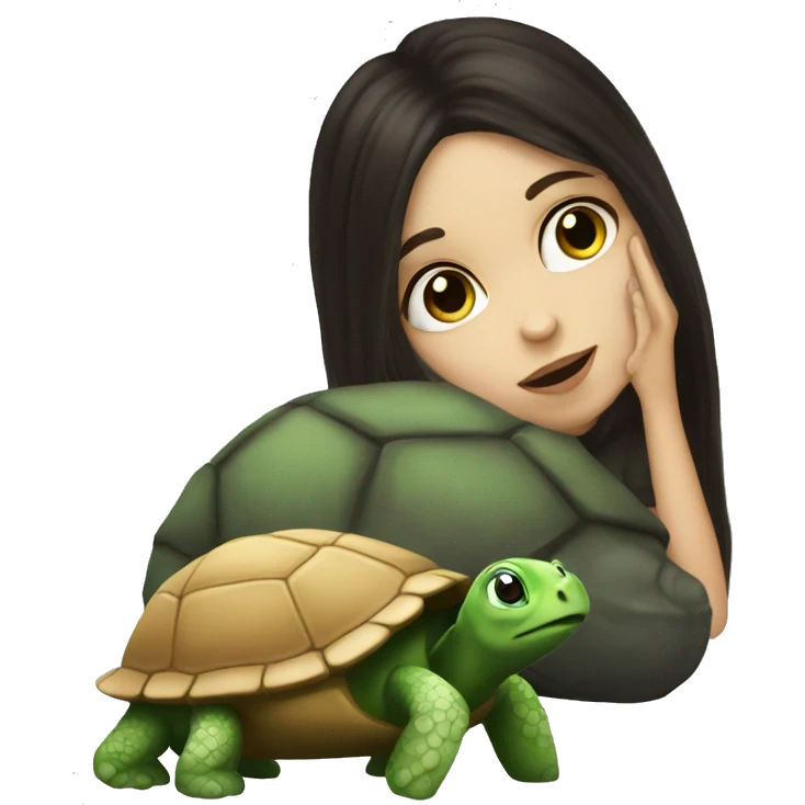 A white girl with dark hair kisses a little turtle emoji