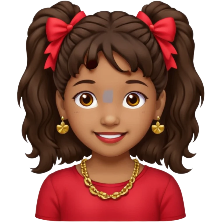 Brownskin girl dark brown hair fluffy. pigtails with red bows brown eyes smiling closed mouth red shirt gold esrrings gold necklace emoji