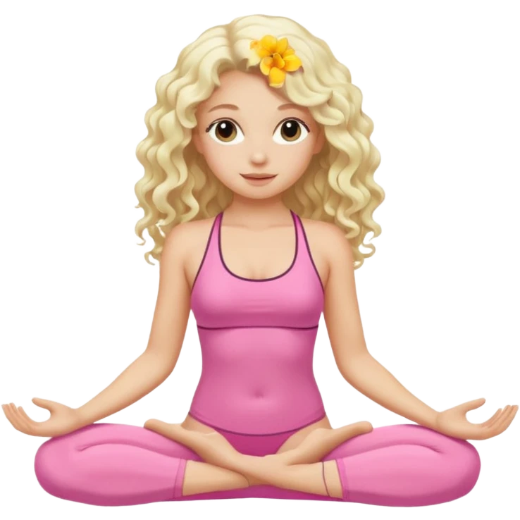 a blond girl sitting in yoga pose in the pink swimwear with white long curly hair emoji