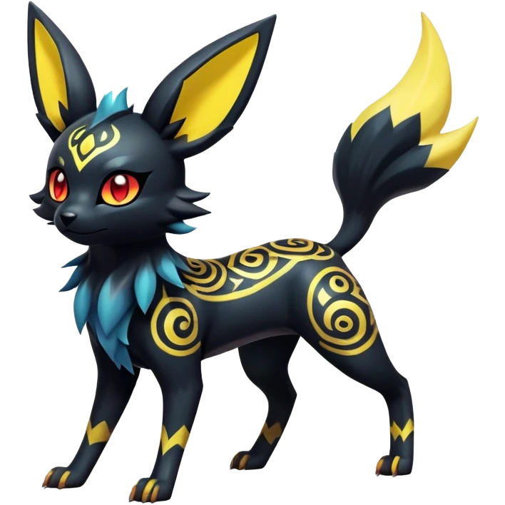 Shiny Exotic Badass Colorful Ethereal Royal Mysterious Gothic Umbreon-Jolteon-Litten-Noibat-Pokémon-Fakémon-hybrid-creature (full body) with pattern-markings emoji