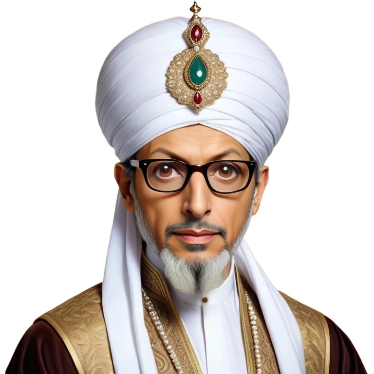 Jeff Goldblum no glasses as a regal portrait dressed as suleiman-the-magnificent,-depicted-as-a-regal-ottoman-sultan-adorned-with-a-large,-white,-round,-tall-turban-and-a-majestic-grey-beard,-his-commanding-gaze-bathed-in-warm,-historic-lighting-that-exudes-time with a large beard **no glasses* emoji