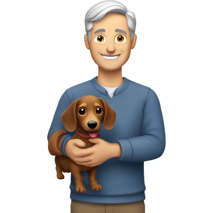  White man with grey hair smiling and holding a dachshund in his arms emoji