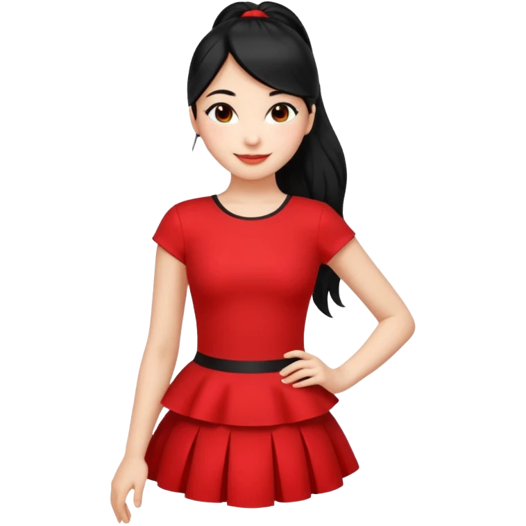 Juni – Cewe Blak-blakan Kulit putih bersih, rambut hitam panjang sleek lurus, diikat half ponytail. Pakai peplum merah terang . Pose tangan di pinggang, tatapan percaya diri senyum. emoji