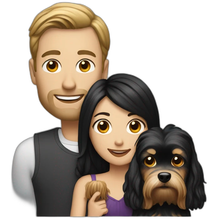 Hold Family with a White man and a White woman with long black hair and a small yorkshire terrier  dog emoji