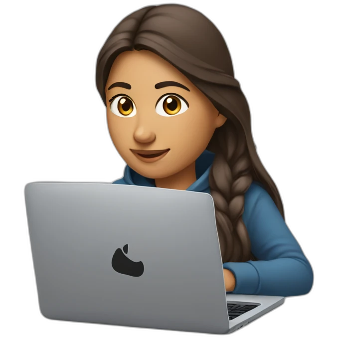 a female indian software engineer, with long brown hair, wearing a nike hoodie, sitting behind a laptop emoji