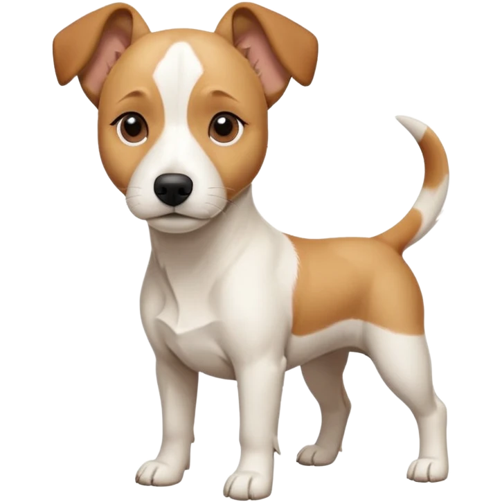a full body facing front on of a buff white beagle cross jack russell terrier looking dog the size of a kelpie with light brown long ears resting on its face and a light brown patch above one eye and a large snout. the rest of the dog is completely white.  emoji