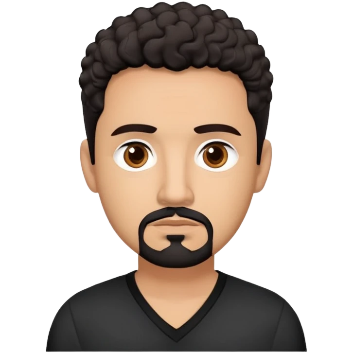Latino theatre director with light cinnamon skin. Structured face with defined features. Critical dark brown eyes. Thoughtful expression. Well-groomed black goatee with some gray. Short curly dark hair. Wearing a black V-neck shirt with minimal design. emoji
