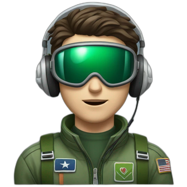 A young white male tennager with a thin face with dark brown hair and brown eyes in a pilot suit and wearing a green Pilot headset emoji