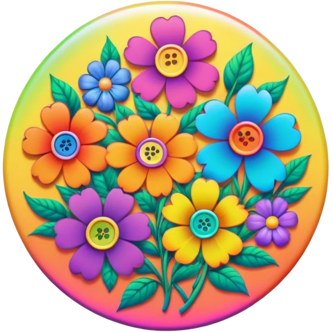 A round psychedelic colored button with rainbow colored hippie style flowers around the edges emoji