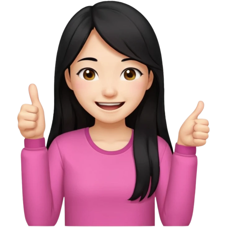 a girl genuinely feeling happy so so so much laughing so hard with her eyes folded long black hair asian girl on a pink shirt with her thumb up emoji