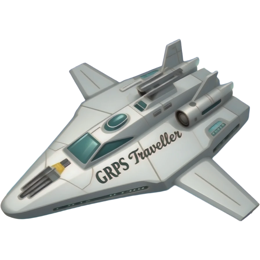 "GURPS" "Traveller" on a starfield with a free trade starship in the background in a landscape format, size of 1600 x 800. emoji