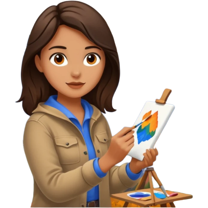 Brunette Artist painting a beautiful autumn mountain peak destination on canvas emoji