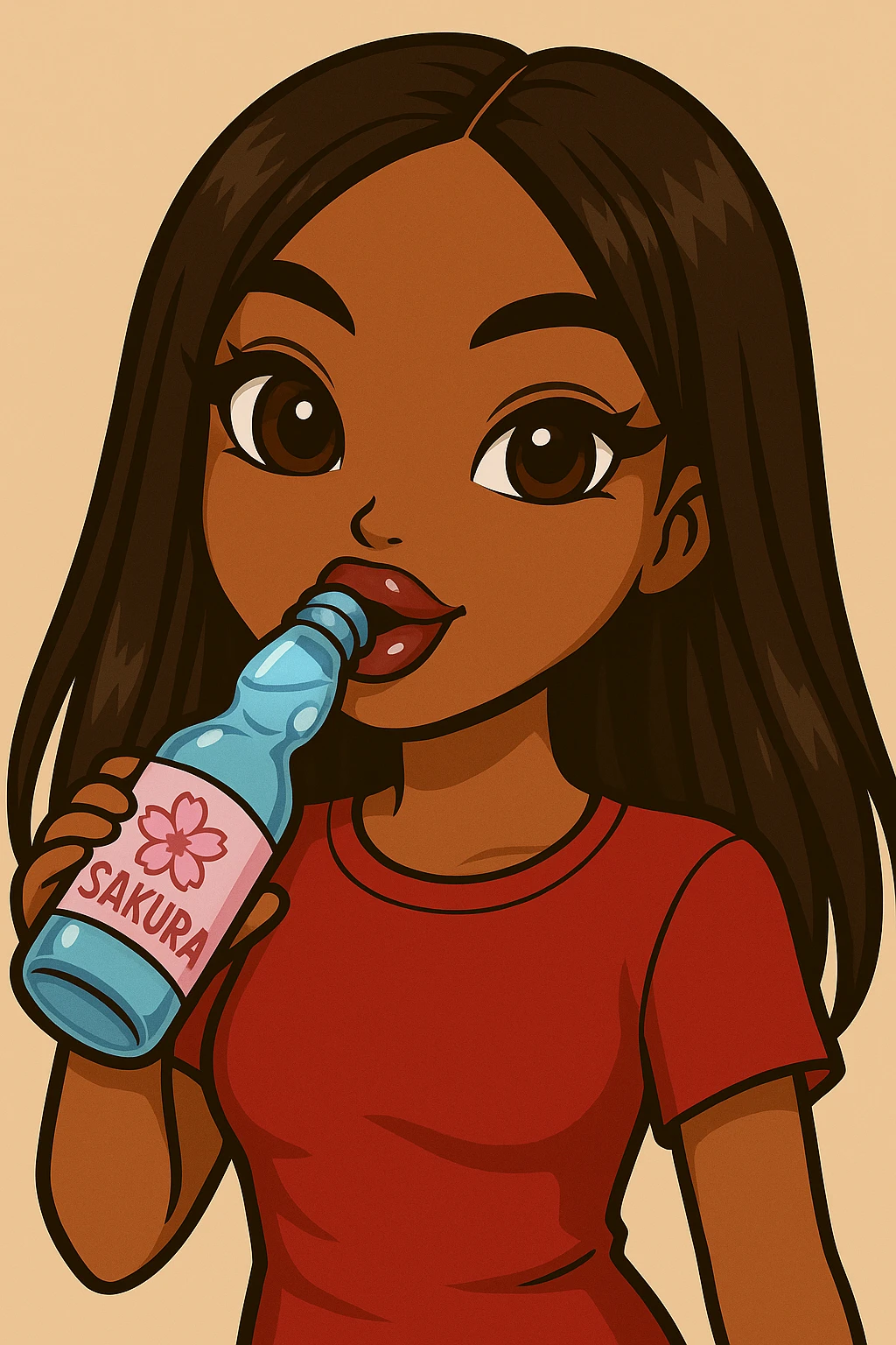Headshot of a 20-year-old anime Bratz style woman with dark skin, straight hair, trendy outfit, glossy lips, no hat, no tears, happy expression, both eyes open, looking straight ahead, drinking blue Ramune soda labeled 'Sakura'. Change her eyes to brown and her shirt to red. emoji