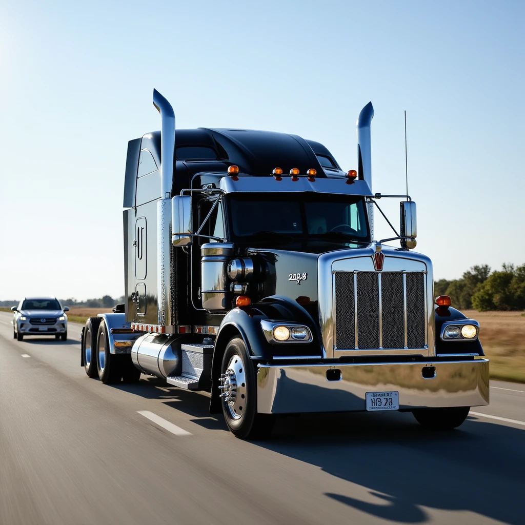 2026 Black Kenworth T680 Sleeper semi truck with tall chrome muffler stacks, headlights on, driving down a road with a car in front, realistic details, day scene emoji