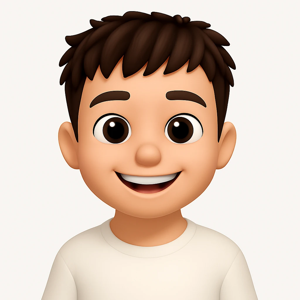 Change the facial expression to a happy smile, keeping the 3D cartoon emoji style with a large head, big expressive eyes, smooth skin, and simple features. Maintain the clean, modern design with soft lighting and a white background, in the style of Apple Memoji or Pixar characters. emoji
