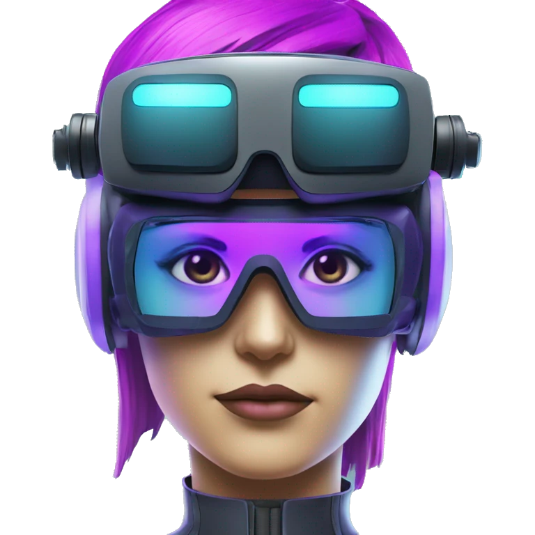 Secret human agent in a futuristic hat with in Apple VR goggles headset code display on the goggles , cyberpunk, cyan and purple colors, only upper body portrait, front facing the camera  emoji