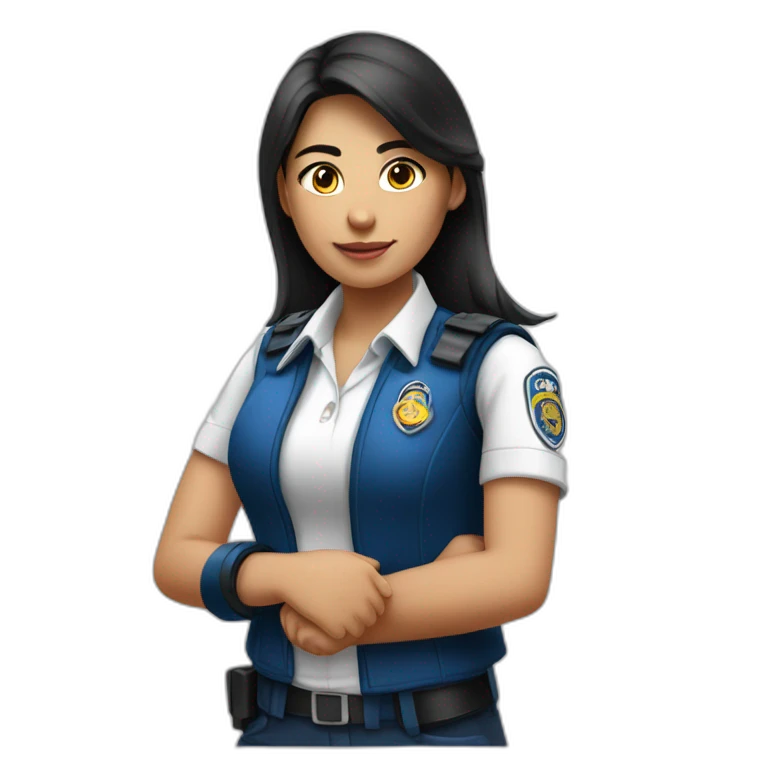 A PERUVIAN SECURITY AGENT GIRL, IN A BLUE VEST AND WHITE SHIRT. SAY OK WITH YOUR HAND. emoji